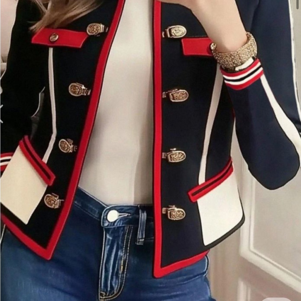 Stylewe Color Block Military Jacket Gold Brass Buttons Cropped Fit Small 4